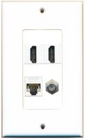 RiteAV - 2 x HDMI and 1 x Ethernet Cat5e and 1 x Coax Cable TV F Type Port Wall Plate - White