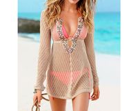 MOM Women's Sexy Deep V-Neck Bottom Beach Blouse Women Slim Holiday Long Sleeve Sun Knit Sweater,Beige,Average code