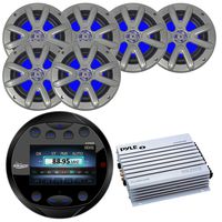 Lanzar AQR80B Bluetooth Digital Media Receiver Stereo Radio (B) - 6 x Searonics 6.5" Full-Range Marine LED Speakers (Charcoal) - Pyle 4-Channel Waterproof Marine Amplifier