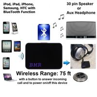 BMR A2DP 2in1 iPhone Bluetooth Music Receiver Adapter for 30 Pin Dock Headphone: Bose Sony Beats iHome Echo Alexa Motorcycle Car Stereo with 30 Pin Dock & 3.5mm Aux Input Extra Long Wireless Range