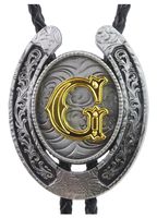 Moranse Bolo Tie Golden Initial Letter A to Z In Western Cowboy Horseshoe Style with Cowhide Rope Necktie(G)