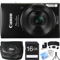 Canon PowerShot ELPH 190 is Black Digital Camera 16GB Card Bundle Includes Camera, 16GB Memory Card, Reader, Wallet, Case, Mini Tripod, Screen Protectors, Cleaning Kit and Beach Camera Cloth