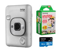 Fujifilm Instax Mini Liplay Hybrid Instant Camera (Stone White), Bundle Instax Mini Instant Daylight Film, Twin Pack (20 Exposures), 32GB MicroSD Card