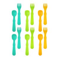 Re-Play Made in USA 12pk Toddler Feeding Utensils Spoon and Fork Set for Easy Baby, Toddler, Child Feeding - Aqua, Lime, Sunny Yellow (Aqua Asst.) 6 Spoons/6 Forks