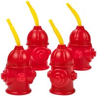 Straw Fire Hydrant Cups with Lids - (Pack of 4) Reusable 12 oz, Red Plastic Fire Truck Party Supplies Cups and Firefighter Birthday Party Favors for Kids by Bedwina