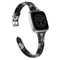 TOYOUTHS Leather Strap Compatible with Fitbit Versa/Versa 2 Bands for Women Men Slim Genuine Leather Wristbands Replacement for Versa Lite Edition/Versa SE Classic Accessorie Black/White Floral