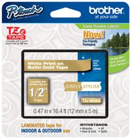 Genuine Brother 1/2" (12mm) White on Satin Gold TZe P-touch Tape for Brother PT-1700, PT1700 Label Maker