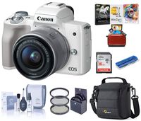 Canon EOS M50 Mirrorless Digital Camera Kit w/EF-M15-45mm STM Lens and 4K Video (White), Bundle with Camera Bag + 16GB SD Card + 49mm Filter Kit + Mac Software Kit + Cleaning Kit + Card Reader