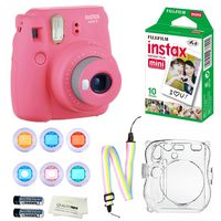 Fujifilm Instax Mini 9 Instant Camera (Flamingo Pink) + 10 Fuji Instant Film Sheets + Convenient Instax Clear Case W/ Rainbow Strap + 6-Color Lenses & More