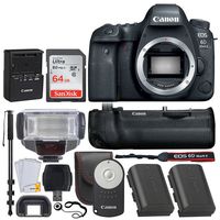 Canon EOS 6D Mark II DSLR Camera (Body) Wi-Fi Enabled - Canon BG-E21 Battery Grip + Canon Battery LP-E6N + Canon RC-6 Wireless Remote + SanDisk 64GB SD Card + TTL Flash + 72" Monopod w/Quick Release