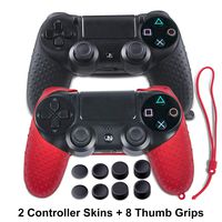 PS4 Controller Silicone Skin - Covers for DualShock 4 - Anti-Slip Protector with Hand Strap Case for Sony PS4 Accessories, PS4 Slim, PS4 Pro 2 PS4 Skins - 4 Pairs PS4 Thumb Grips - Black & Red