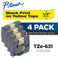 Brother Genuine P-Touch 4-Pack TZe-631 Laminated Tape, Black Print on Yellow Standard Adhesive Laminated Tape for P-Touch Label Makers, Each Roll is 0.47"/12mm (1/2") Wide, 26.2 ft. (8M) Long