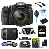 Sony a77II 24.3MP HD 1080p DSLR Camera with 16-50mm F2.8 Lens Bundle with 55-200mm f4-5.6 Compact Telephoto Zoom Lens, 32GB Memory Card and Accessories (7 Items)