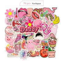Lesgos Waterproof Vinyl Stickers for Water Bottle Phone Laptop Skateboard Bicycle Guitar Luggage Back to School for Girls and Boys, 50 Pcs, Pink Daddy Style