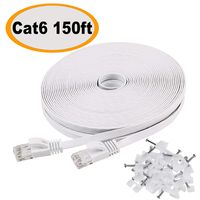 Cat 6 Ethernet Cable 150 ft White Flat, Solid Internet Network LAN Patch Cord, Cat6 High Speed Computer Wire with Clips & Rj45 Connectors for Router,Modem,PS,Xbox-Faster Than Cat5e/Cat5-150ft