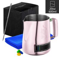 Stainless Steel Milk Frothing Pitcher With Integrated Thermometer, 20oz/600ml Milk Coffee Cappuccino Latte Art Frothing Pitcher Barista Milk Jug Cup, Measurements on Both Sides Include Art Pen & Cloth