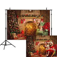 Allenjoy 8x6ft Christmas Backdrop Vintage Fireplace Tree Gifts Socks Wood Room Photography Background Picture Family Holiday Party Supplies Home Decoration Cake Table Banner Photo Booth Studio Props
