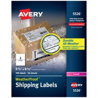 Avery WeatherProof Mailing Labels with TrueBlock Technology for Laser Printers 5-1/2" x 8-1/2", Box of 100 Labels (5526), White