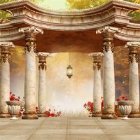 Leowefowa Vinyl 10X10FT Fairytale Backdrop Pavilion Stones Pillars Red Flowers Lantern Forest Trees Grunge Marble Floor Enchanted Garden Wedding Photography Background Girls Lover Photo Studio Props
