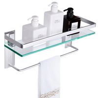 Vdomus Tempered Glass Bathroom Shelf with Towel Bar Wall Mounted Shower storage15.2 by 4.5 inches, Brushed Silver Finish (1 Tier Glass Shelf)