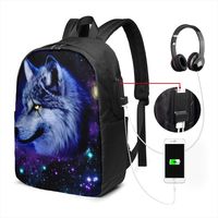 Wolf Galaxy Pattern College Laptop Backpack Bag with USB Charging Port Computer Business Backpacks for Women Men School Student Casual Hiking Travel Daypack