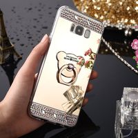 IKASEFU Crystal Rhinestone Soft Silicone Rubber Bumper Bling Diamond Glitter Mirror Makeup Case Cover with Bear Ring Stand Holder Compatible with Samsung Galaxy S6 Edge Plus (Gold)