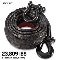 Synthetic Winch Rope 3/8" x 100' - 23,809 Ibs Winch Line Cable Rope with Protective Sleeve and Shackle for 4WD Off Road Vehicle SUV JEEP (Black), 1 Year Warranty