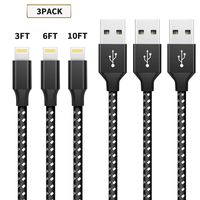 USB Cable, 3Pack(3FT+ 6FT +10FT) Nylon Braided Charging Cable, 3A Fast Charging Data Cable（Black White）