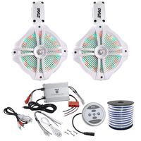 2 x Pyle 6.5" 200W White Dual Marine Tower Wakeboard Water Resistant LED Speakers, Pyle Waterproof 600W Bluetooth 2-Channel Yacht Boat Amplifier System, Enrock Speaker Wire