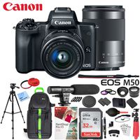 Canon EOS M50 Mirrorless Digital Camera Black with EF-M 15-45mm & 55-200mm Lenses Bundle with 32GB Memory Card, Dual Battery, Shotgun Microphone, Backpack, Tripod and Accessories (15 Items)