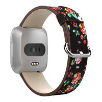 MoKo Fitbit Versa/Versa 2/Versa lite Edition/Versa Special Edition Band for Women Men, Premium Leather Print Pattern Replacement Strap for Fitbit Versa/Versa 2 Fitness Wristband - Black&Colorful Peony