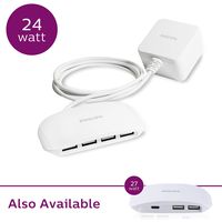 PHILIPS 24W 4-Port USB Charging Station, for iPhone 11/Pro/Max/XS/XR/X/8, Ipad Pro, Samsung Galaxy S10/S9/Plus, Google Pixel, USB-A, Use on Bedside or Tabletop, 5 Ft. Cord, DLK51340M/37
