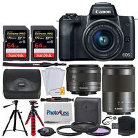 Canon EOS M50 Mirrorless Digital Camera + EF-M 15-45mm f/3.5-6.3 is STM & EF-M 55-200mm f/4.5-6.3 is STM Lens + 2X 64GB Memory Card + 2X Tripods + Case + 52mm 3 Piece Filter Kit + Hand Camera Grip