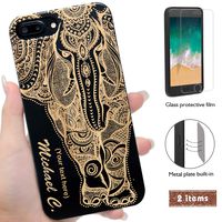 Wood Phone Case Compatible with iPhone 8, 7, 6, 6S and Screen Protector-iProductsUS Protective Case Engraved Elephant and Name,Magnetic Metal Plate Built-in,TPU Rubber Shockproof Cover (4.7")
