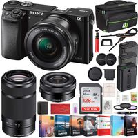Sony Alpha a6000 Mirrorless Camera with 16-50mm and 55-210mm Power Zoom Lenses Bundle with 128GB Memory Card, 2X Battery, Bag, Professional Editing Suite, Camera Bag and 49mm Filter Kit