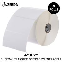 Zebra - 4 x 2 in Thermal Transfer Polypropylene Labels, PolyPro 3000T Permanent Adhesive Shipping Labels, Zebra Desktop Printer Compatible, 1 in Core - 4 Rolls