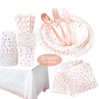 202 Piece Rose Gold Party Supplies Set | Disposable Dinnerware Set | Polka Dot | Services 25 with Rose Gold Cutlery Includes Plastic Knives, Spoons, Forks, Paper Plates, Napkins, Cups, straw,Tableclot