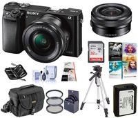 Sony Alpha a6000 Mirrorless Digital Camera 24.3MP SLR Camera (Black) w/16-50mm Power Zoom Lens | Cam Bag + Extra Battery + 40.5mm Filter Kit + 61" Tripod + 32GB SD Card + Memory Wallet + PC Software