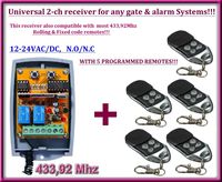 Universal 2-channel Rolling / Fixed code 12 - 24 VAC/DC receiver + 5 ALREADY PROGRAMMED REMOTE CONTROLS!!! N/O - N/C, 433,92Mhz. FOR ANY GATE AUTOMATION OR ALARM SYSTEMS!!!