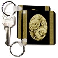 3dRose Antique sepia roses in oval frame surrounded by damask ribbons - Key Chains, 2.25 x 4.5 inches, set of 2 (kc_29877_1)