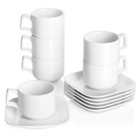 DOWAN Porcelain Coffee Cups with Square Saucers, 8 Ounces for Specialty Coffee Drinks, Cappuccino and Tea, Stackable Cups Set of 6, White