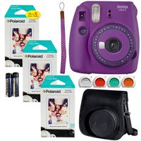 Fujifilm Instax Mini 9 Instant Camera (Purple with Clear Accents), 3X Twin Pack Instant Film (60 Sheets), and Black Instax Groovy Case Bundle