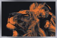 Trends International Lion with Headphones Wall Poster, 14" x 22", Silver Framed Version