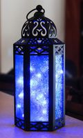 Vela Lanterns Moroccan Style Candle Lantern with LED Lights, Medium, Blue Glass