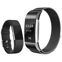 Replacement Bands Compatible for Fitbit Charge 2, Stainless Steel Metal Magnetic Strap and Extra Silicone Replacement Bands (Black + Black Small)