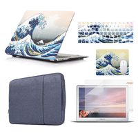 Funut 5 in 1 Bundle Deal Rubber Coated Glossy Plastic Hard Case Shell, Keyboard Cover, Screen Protector, Mouse Pad and Sleeve Bag for Apple MacBook Air 13 A1369 A1466, Sea Wave