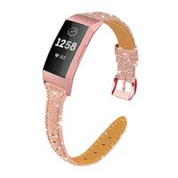 Hotodeal Leather Bands Compatible Charge 3, Genuine Leather Replacement Fitness Accessories Stainless Metal Clasp Smartwatch Wristband Women Men, Black Connector, Shiny Black