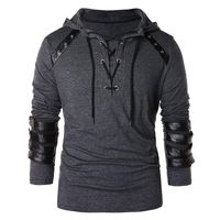 Men's Casual Hoodie Tops Long Sleeve Shirts Gym Workout Pockets Vintage Leather Patchwork Sweatshirt Drawstring WEI MOLO