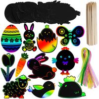 Supla 48 Set Scratch Easter Day Ornaments Egg Bunny Chick Cutouts with Holes Art Rainbow Magic Scratch Paper Ornaments Hang Tags Favor Tags Gift Tags Treats Tags with Ribbons Scratching Tools