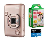 Fujifilm Instax Mini Liplay Hybrid Instant Camera (Blush Gold), Bundle Instax Mini Instant Daylight Film, Twin Pack (20 Exposures), 32GB MicroSD Card